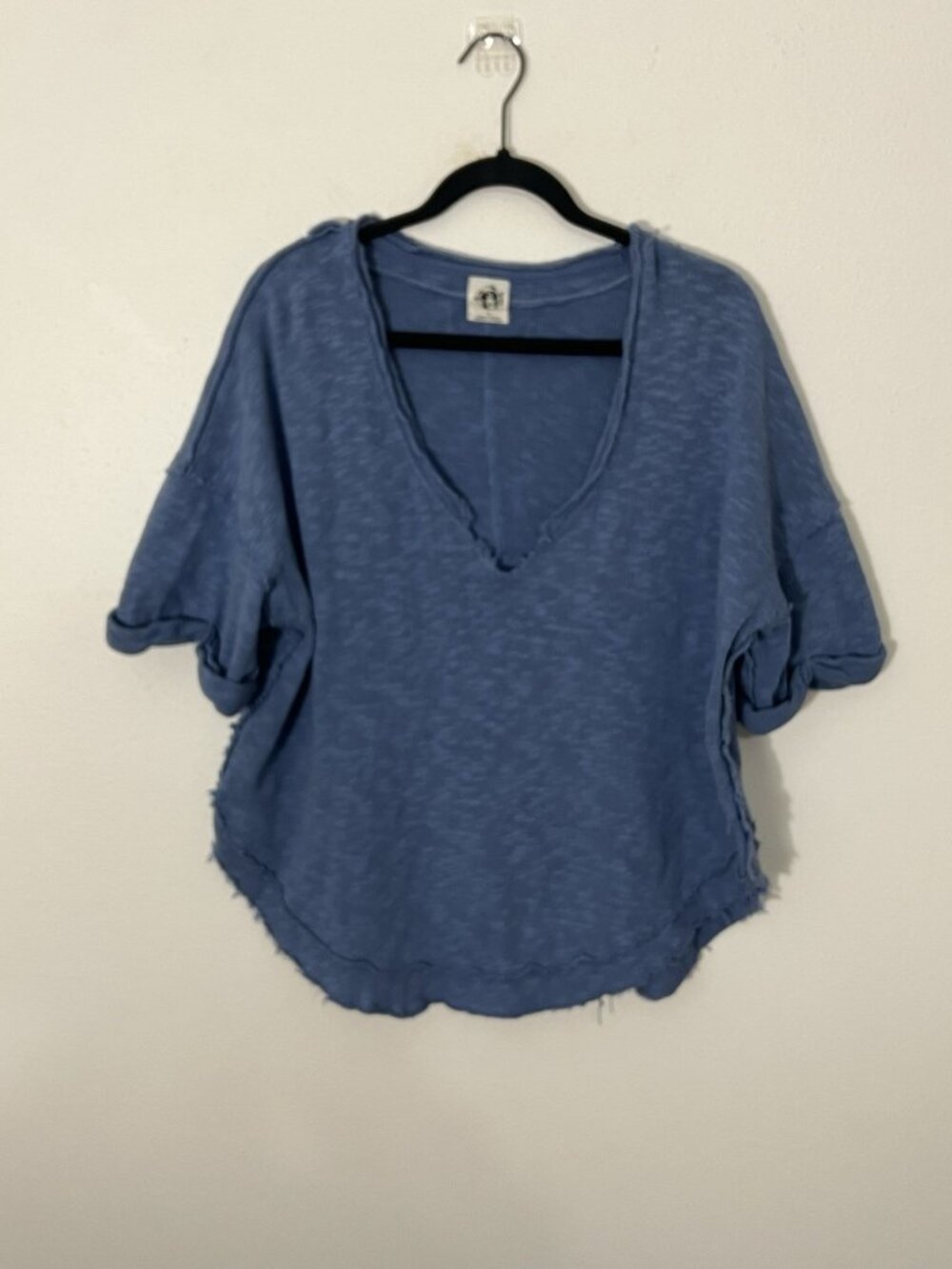 We The Free People Frayed V Neck Slub Tee Blue Distressed Size Medium
